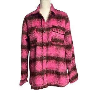 LA MIEL Pink Brown Plaid Brushed Shirt Jacket Women's Medium